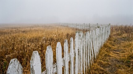 Obraz premium White picket fence along a foggy field with dried grass in autumn with field filled dry