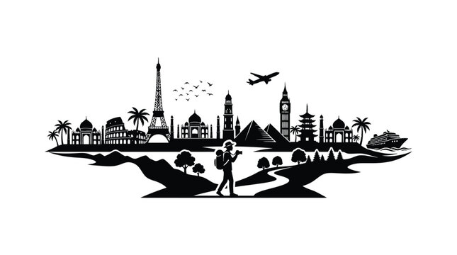 World landmarks and a traveler depicted in a black silhouette