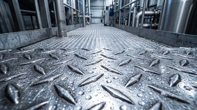 Metal floor with water droplets in an industrial setting with equipment in background