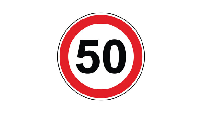 Speed limit road sign fifty vector illustration featuring a bold red circle and black numbers on a stark white background