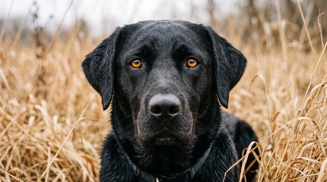 Black labrador retriever dog resting among tall grass in a natural setting