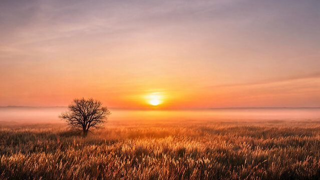 Lone tree facing the sunset over rolling grass
