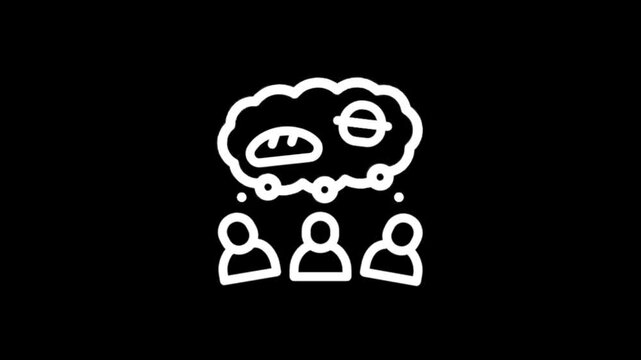 Group of people thinking about food and sustenance with thought bubbles
