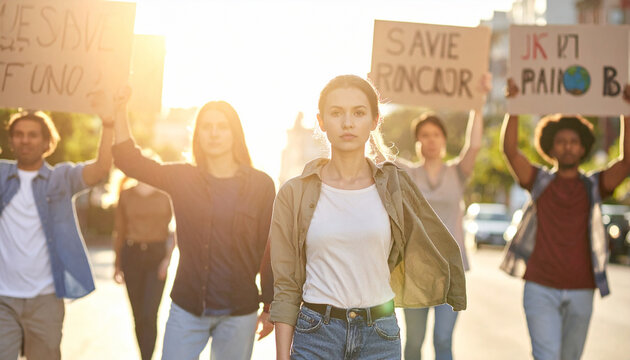 Diverse group of determined young activists marching outdoors at golden hour, holding protest signs for environmental change. A powerful image capturing hope, unity, and a call for social justice.