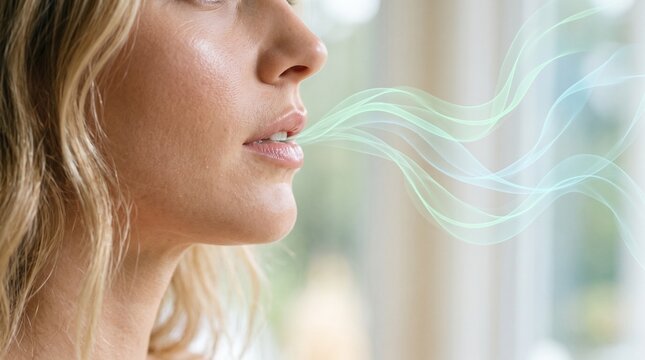 Woman exhaling colored smoke from her lips in a bright indoor setting with well lit indoor