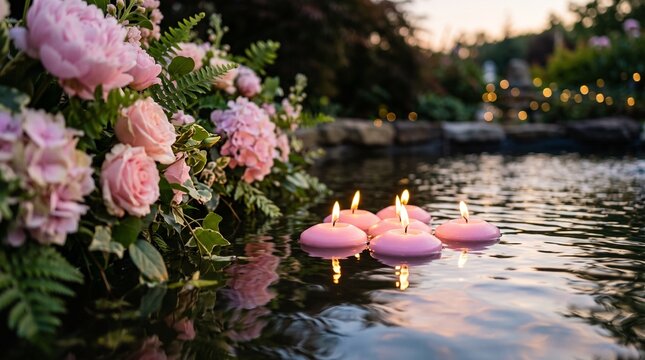 Floating pink candles illuminate a serene garden pond surrounded by blooming flowers