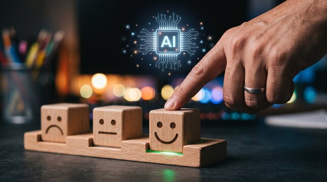 Hand pressing a wooden smiley face button while ai concept is displayed