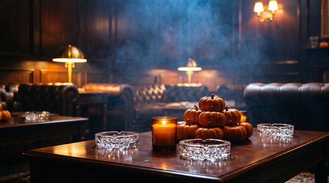 Dim classic lounge interior, tufted leather sofas, wooden tables decorated with small pumpkins, lit candles and crystal ashtrays with soft smoky haze.