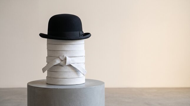 A black bowler hat rests atop a stack of white belts on a gray pedestal