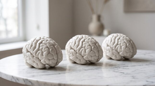 Three white brain sculptures on a marble table in a bright room setting
