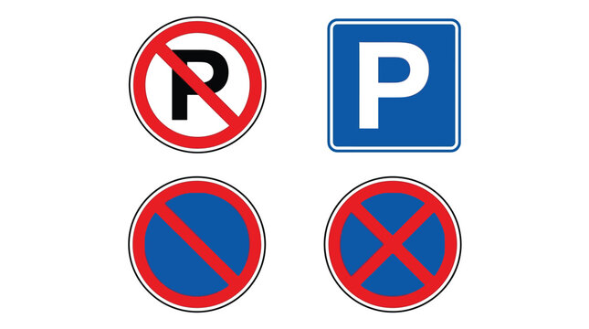Modern vector illustration collection showing official highway traffic signs indicating parking allowed and parking forbidden regulations for urban city drivers