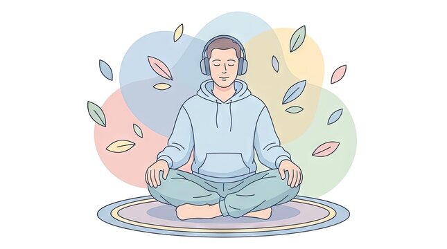 Person meditating with headphones and colorful floating leaves.