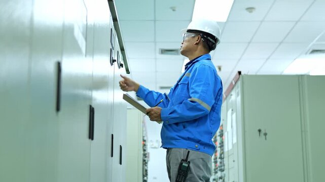 Industrial maintenance engineer analyzing machine data from a control panel display to ensure reliable equipment operation, efficiency, and production performance.