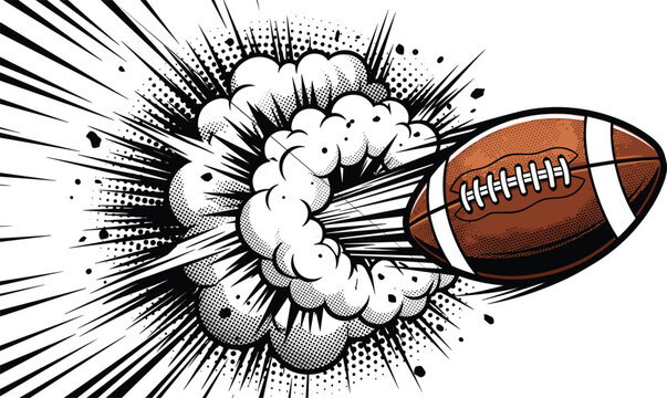 American football ball flying with high speed speedline burst explosion effect in vintage comic book style
