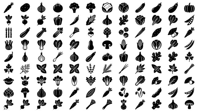100 Solid Black Vegetable Icons Collection Featuring Fresh Carrots, Broccoli, Cabbage, Tomatoes, Root Vegetables and Healthy Produce
