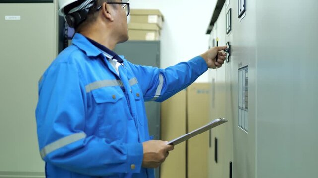UPS backup power system inspection through a control display mounted on an electrical cabinet for monitoring power status, battery condition, and system performance.