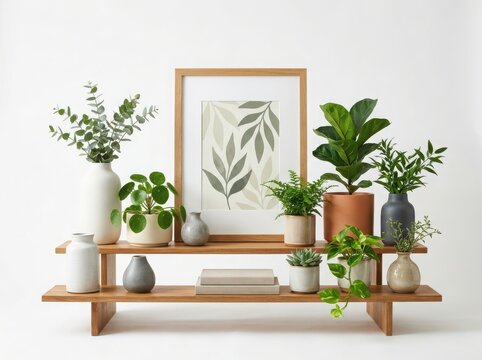 Modern wooden plant stand with various potted plants and a framed botanical art print isolated on white background