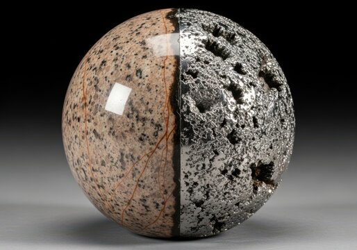 Split granite and metallic mineral sphere sculpture