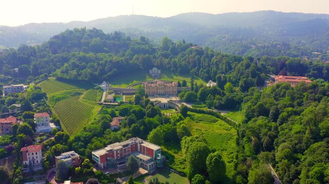 Turin, Italy. Villa della Regina with park. Drone footage