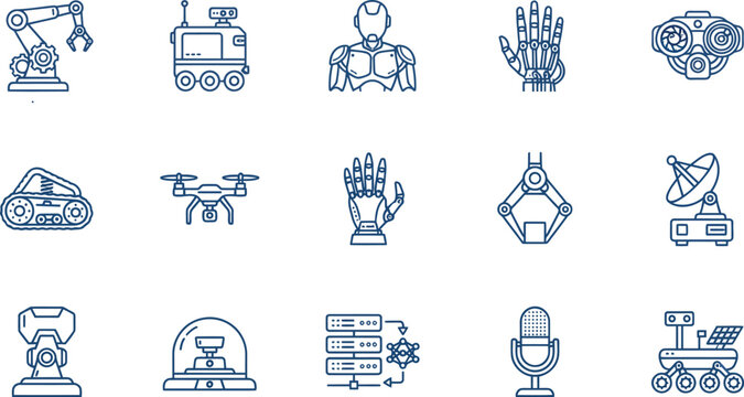 Robotics and automation blue line icon set featuring industrial manipulator arm autonomous rover humanoid android drone bionic hand and machine learning server concepts