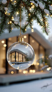 Christmas ornament hanging from a pine branch, reflecting a modern snow-covered house creating a cozy winter wonderland scene with sparkling lights and festive atmosphere