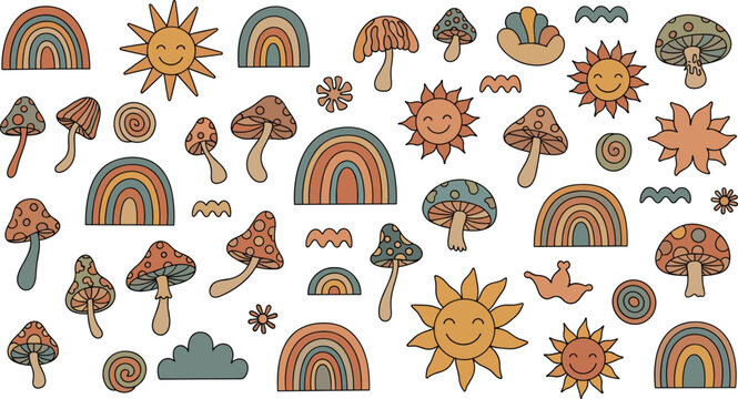 Retro boho rainbow mushroom set vector illustration featuring groovy sun flower vintage doodle elements