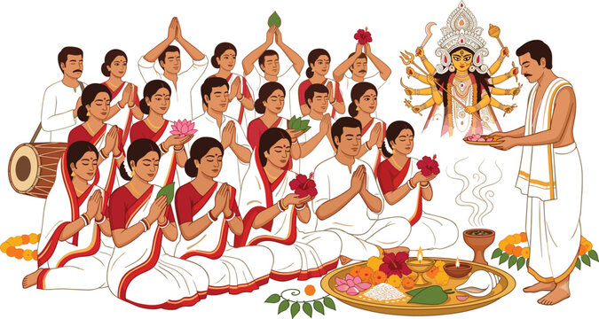 Durga Puja Devotees Performing Pushpanjali Prayer Rituals with Priest Dhak Drummer and Auspicious Offerings Vector Illustration for Indian Festive Design