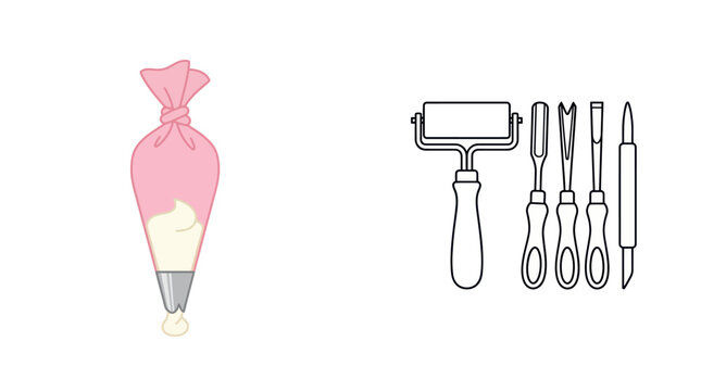 Piping Bag and Printmaking Tools Icon Set