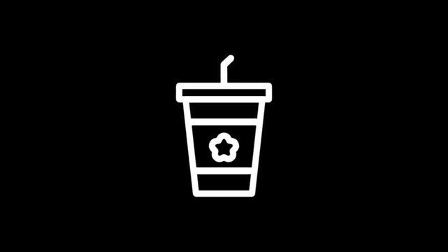 Animated white outline of a to-go cup with a straw on a black background