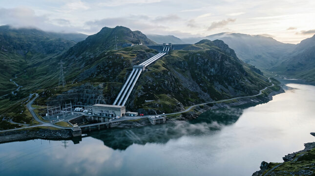 Pumped storage hydroelectric power plant in mountains | Renewable energy infrastructure and water reservoir aerial view | Sustainable energy storage facility in rugged landscape