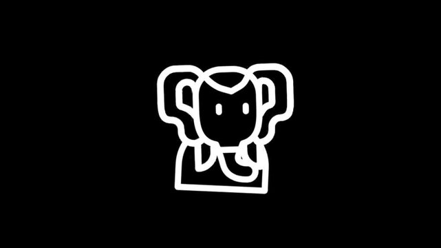 Animated white line art of an elephant icon on a black background