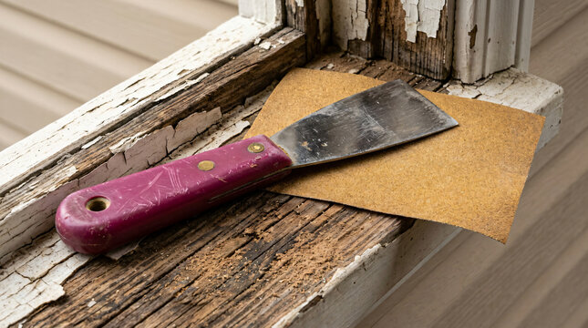 Restoring old wooden window frames | Scraping peeling paint with a putty knife | DIY home renovation window repair tools | Preparing wooden surfaces for repainting