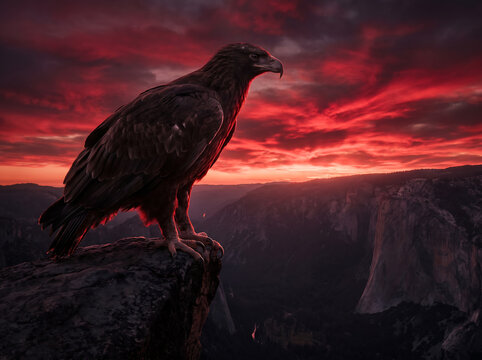 A watchful eagle perched on a cliff edge overlooking a valley at sunset