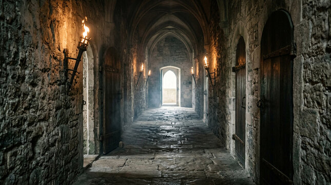 Sunlight entering an abandoned ancient stone castle corridor with glowing torches