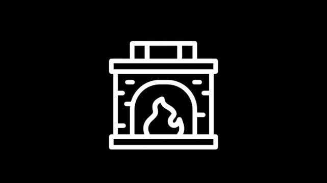 Stylized white icon of a fireplace with flames on a black background