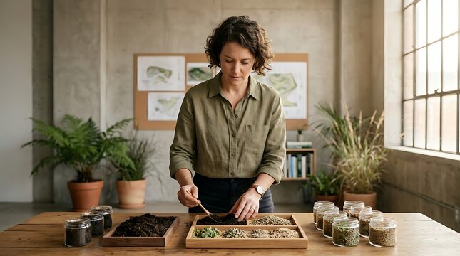 Professional female landscape architect working with soil samples, botanist researcher analyzing plant seeds in studio, sustainable garden design workspace
