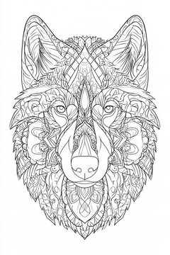 Majestic wolf head illustration with intricate linework for adult coloring book designs