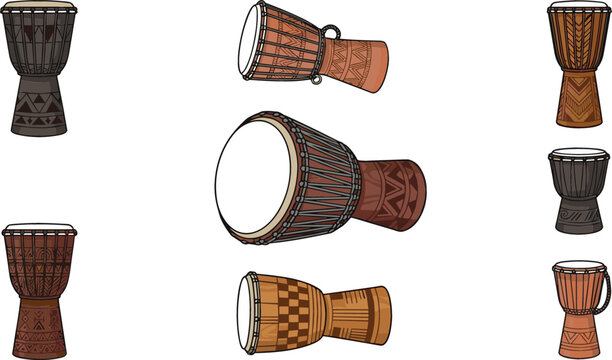 African djembe drum vector illustration set featuring traditional wooden goblet drums with tribal patterns for folk music, cultural festival, and percussion instrument concepts