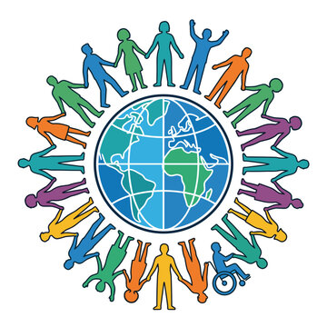 Diverse people holding hands around globe showing unity and global community connection