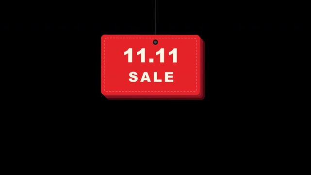 Minimalist 11.11 SALE promotion animation featuring a red rectangular price tag with burgundy layered shadow and black string swinging smoothly on a transparent background. Designed for e-commerce, re