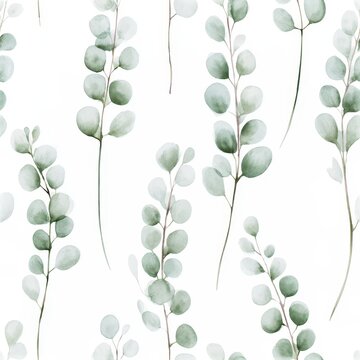 Minimalist seamless eucalyptus branch pattern with soft green foliage for modern design projects