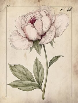 Vintage botanical illustration of blooming peony flower with delicate petals and green leaves on aged paper background