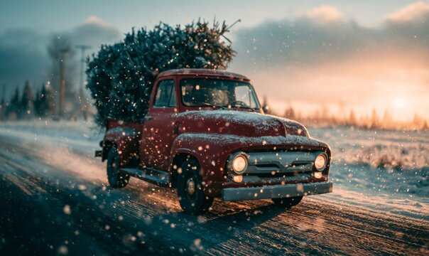 red pickup truck carrying a christmas tree on a snowy road during sunset, capturing the essence of holiday travel