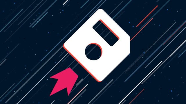 Floppy disk symbol flies through the universe on a jet propulsion. The symbol in the center is shaking due to high speed. Seamless looped 4k animation on dark blue background with stars