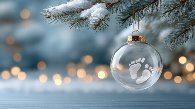 Christmas bauble with baby footprints hanging from a snowy pine branch, symbolizing new birth, family memories, and holiday celebrations, offering a festive and sentimental copy space banner