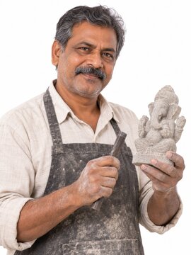 Sculptor Holding Ganesha Statue and Chisel