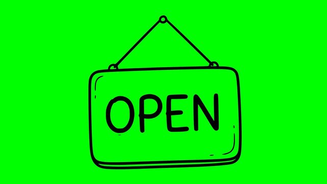 hand drawn style open sign hanging with black fill animation on green screen chroma key background for retail and business use