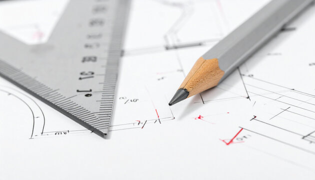 Closeup of a pencil and metal triangle ruler on architectural blueprints, no people. This professional drafting scene evokes precision, planning, and design. Perfect for engineering projects.