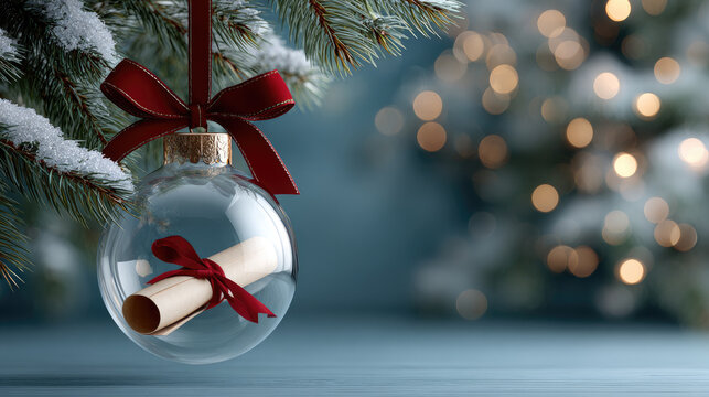 Clear glass christmas bauble with a rolled diploma document inside, symbolizing educational achievements and future goals during the festive holiday season, offering copy space
