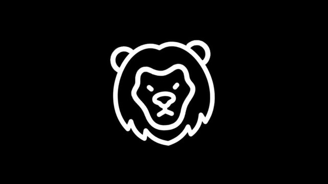 Minimalist white lion head icon animation on black background